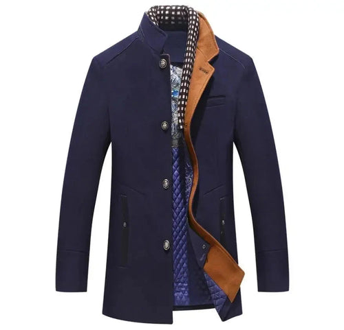 Men's Wool Blend Coat Stand Collar Single-Breasted Quilted-Lined Mid-Length Winter