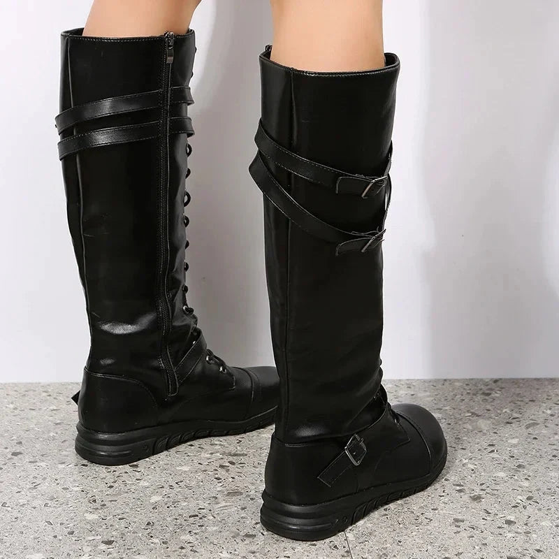 Women's Leather Knee-High Boots Lace-Up Buckle Strap Side-Zip Tall Flat
