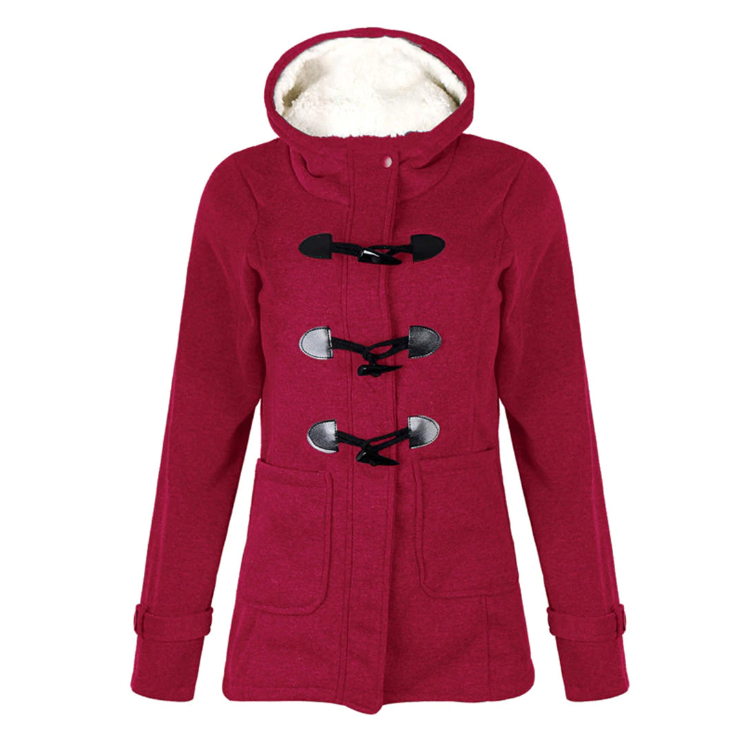 Women's Hooded Toggle Coat Sherpa-Lined Duffle Patch-Pocket Mid-Length Warm