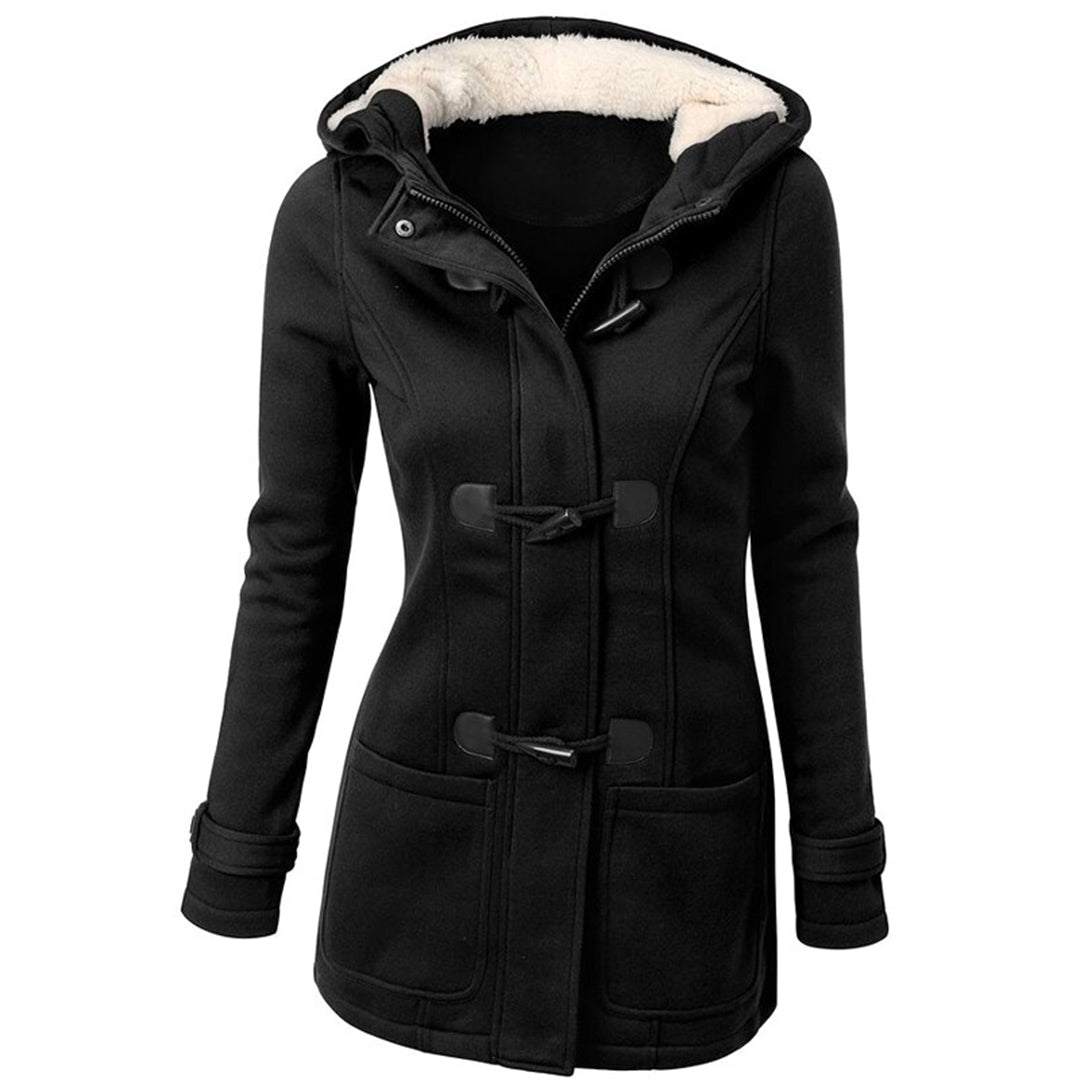 Women's Hooded Toggle Coat Sherpa-Lined Duffle Patch-Pocket Mid-Length Warm