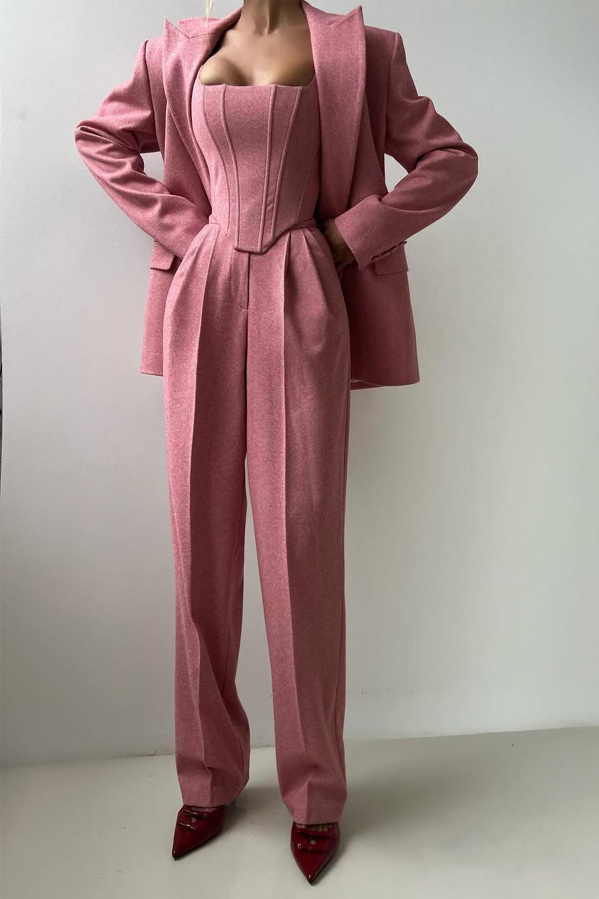 Women's Three-Piece Set Herringbone Blazer Corset Top Wide-Leg Pants Tailored