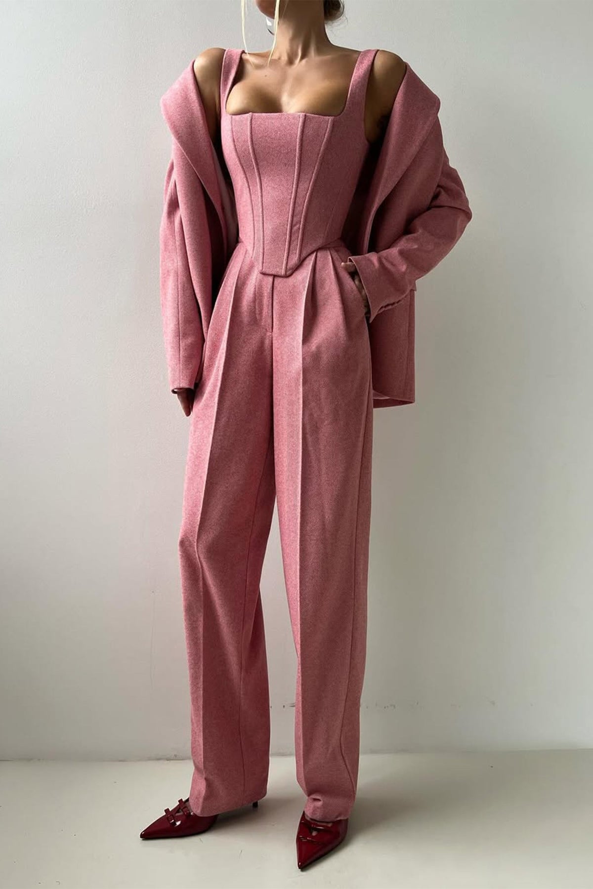 Women's Three-Piece Set Herringbone Blazer Corset Top Wide-Leg Pants Tailored