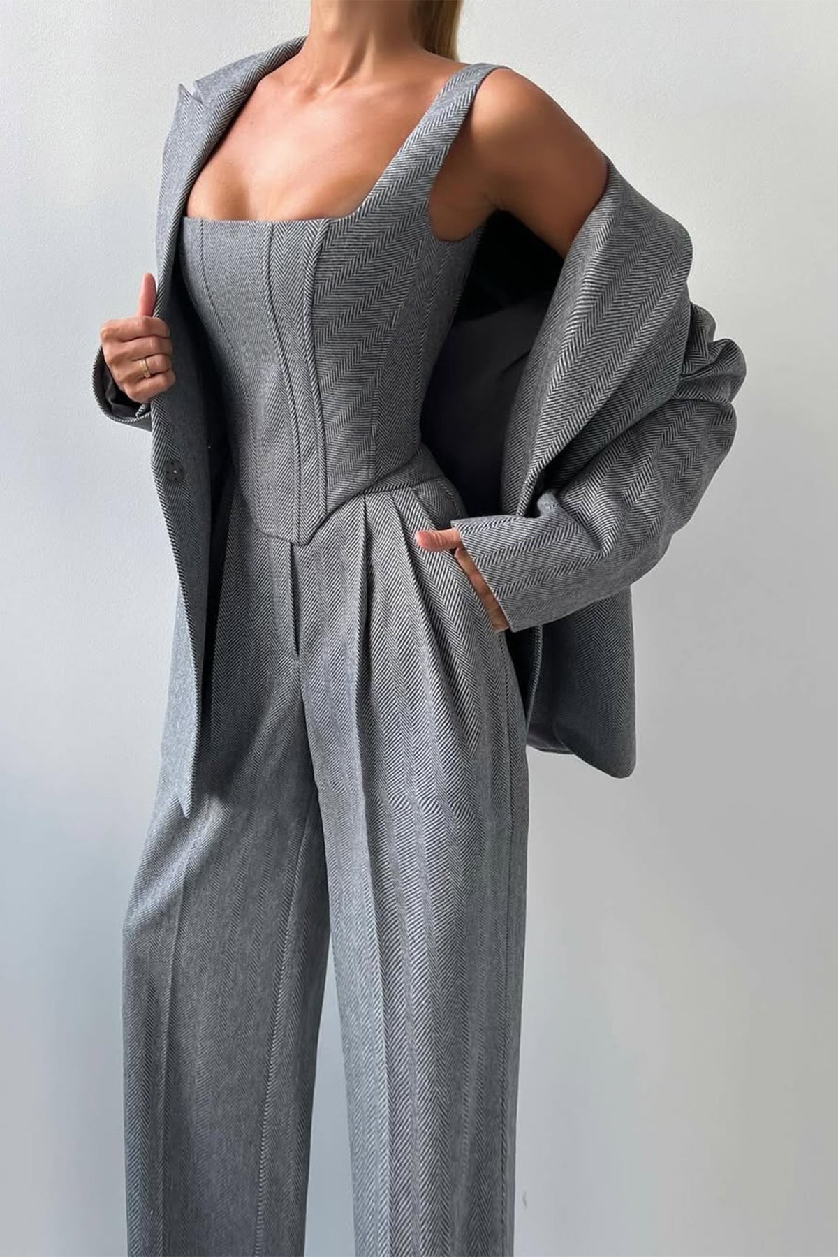 Women's Three-Piece Set Herringbone Blazer Corset Top Wide-Leg Pants Tailored