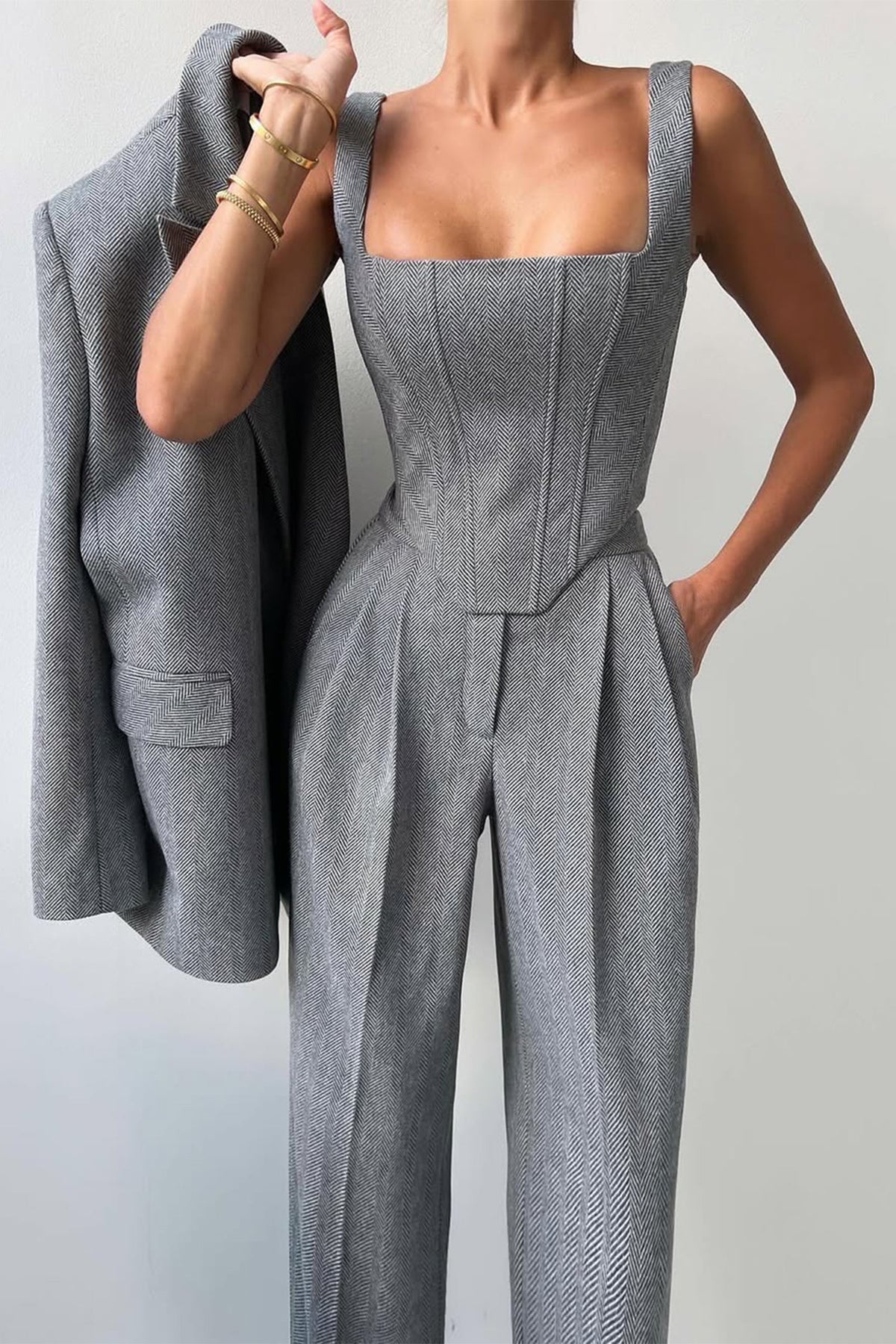 Women's Three-Piece Set Herringbone Blazer Corset Top Wide-Leg Pants Tailored
