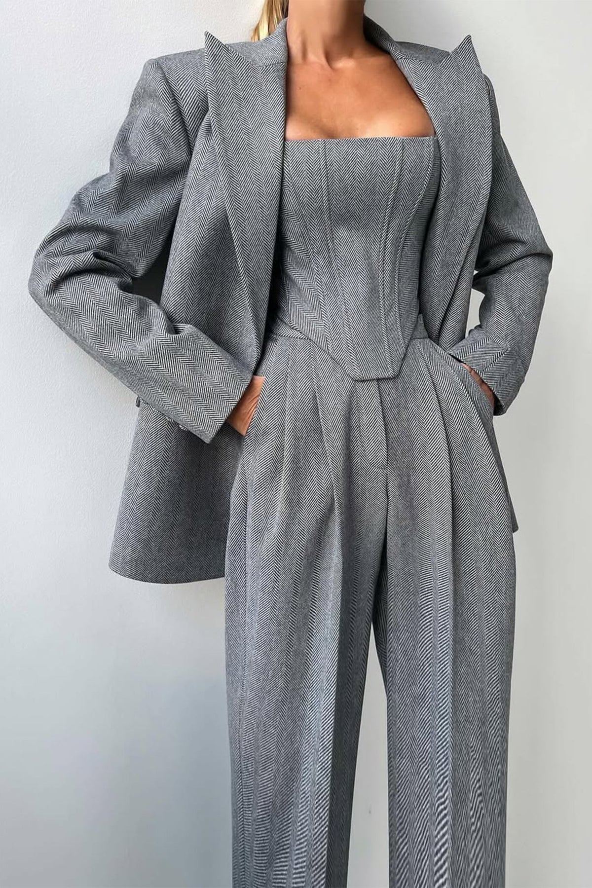 Women's Three-Piece Set Herringbone Blazer Corset Top Wide-Leg Pants Tailored