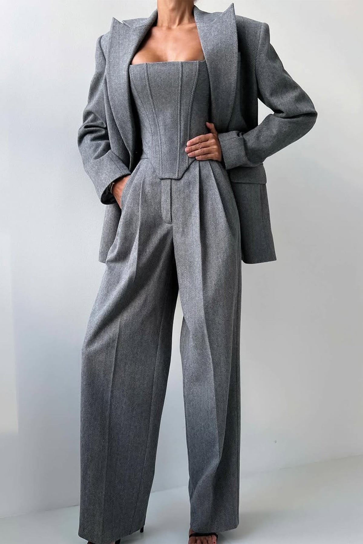 Women's Three-Piece Set Herringbone Blazer Corset Top Wide-Leg Pants Tailored