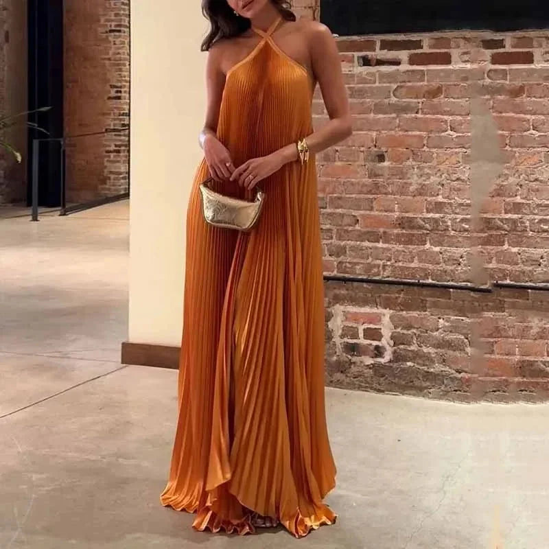 Women's Pleated Maxi Dress Halter Neck Flowy Sleeveless Elegant Orange