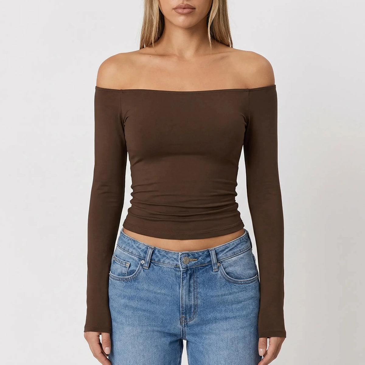 Women's Off-Shoulder Crop Top Long Sleeve Fitted Ribbed Going-Out Party Pullover