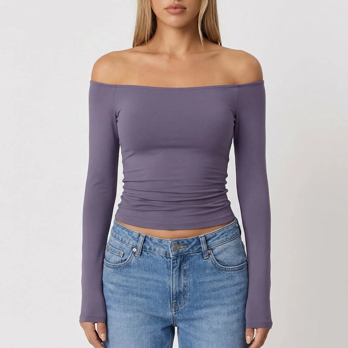 Women's Off-Shoulder Crop Top Long Sleeve Fitted Ribbed Going-Out Party Pullover