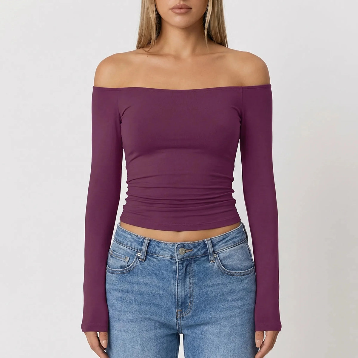 Women's Off-Shoulder Crop Top Long Sleeve Fitted Ribbed Going-Out Party Pullover