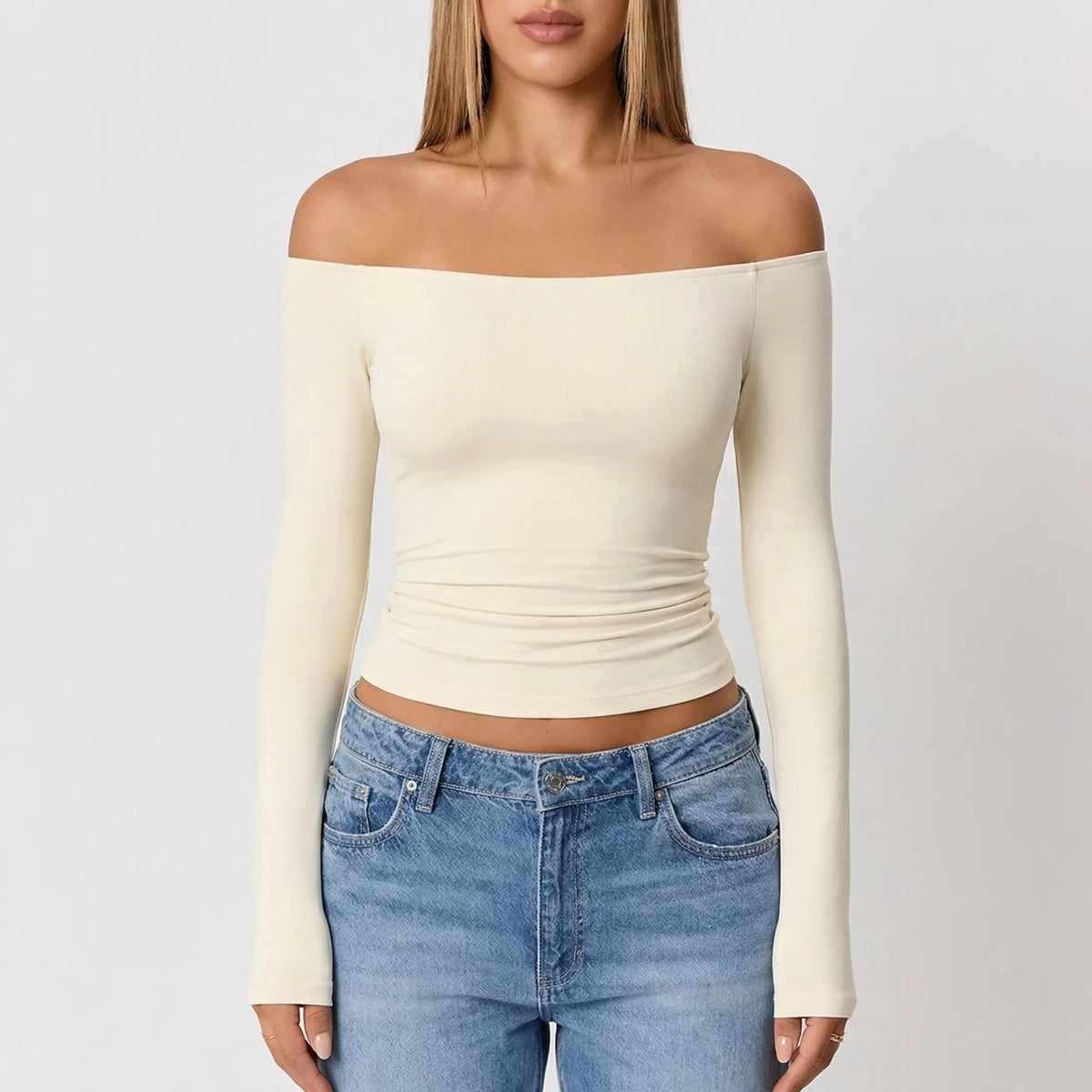 Women's Off-Shoulder Crop Top Long Sleeve Fitted Ribbed Going-Out Party Pullover