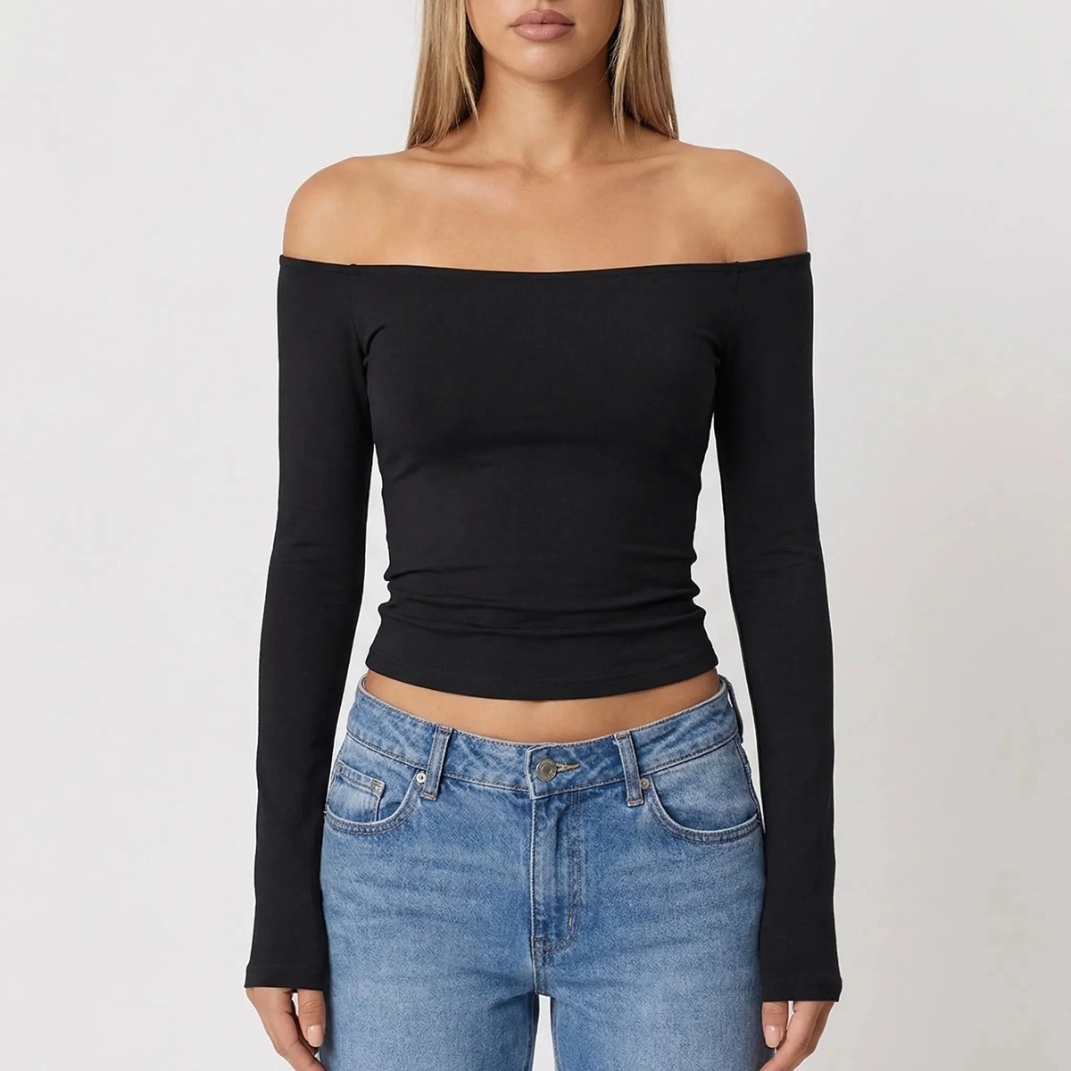 Women's Off-Shoulder Crop Top Long Sleeve Fitted Ribbed Going-Out Party Pullover