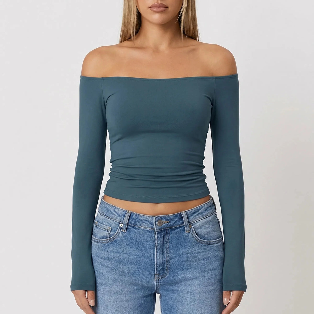 Women's Off-Shoulder Crop Top Long Sleeve Fitted Ribbed Going-Out Party Pullover