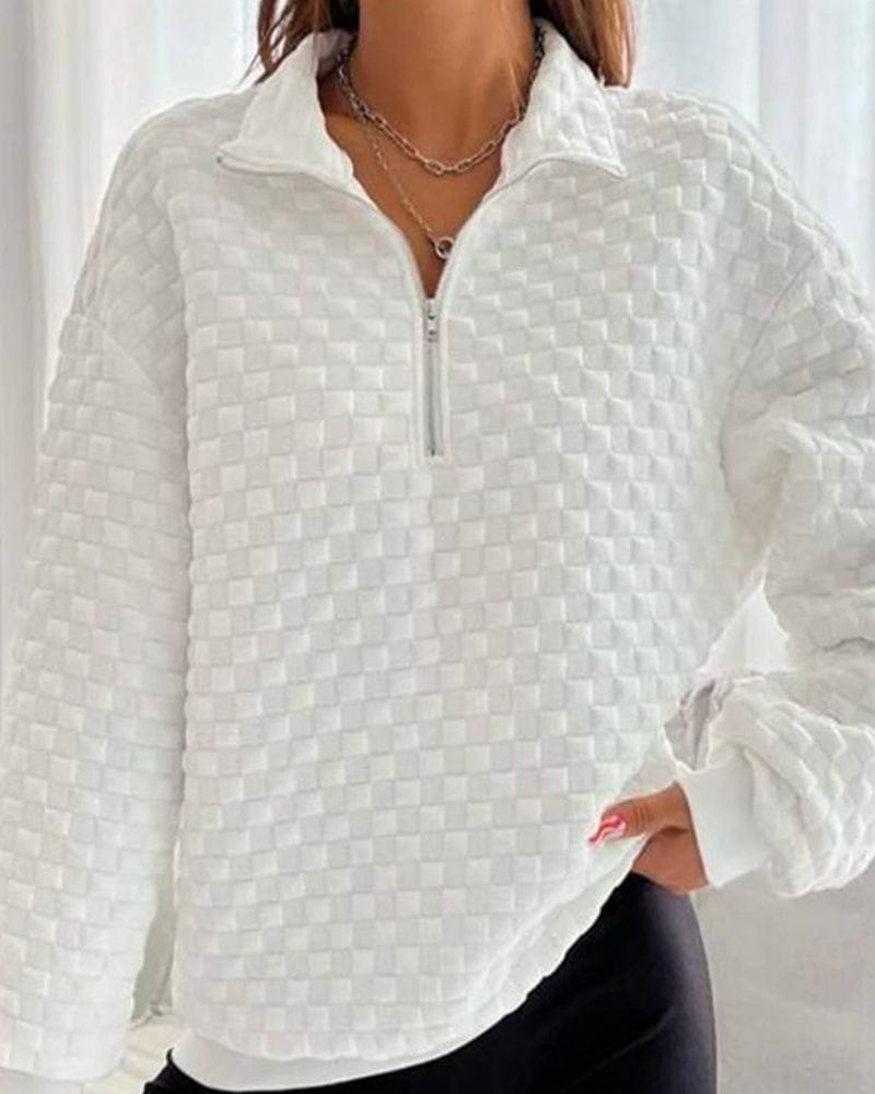 Women's Textured Half-Zip Pullover Polo Collar Checkerboard Relaxed Sweatshirt