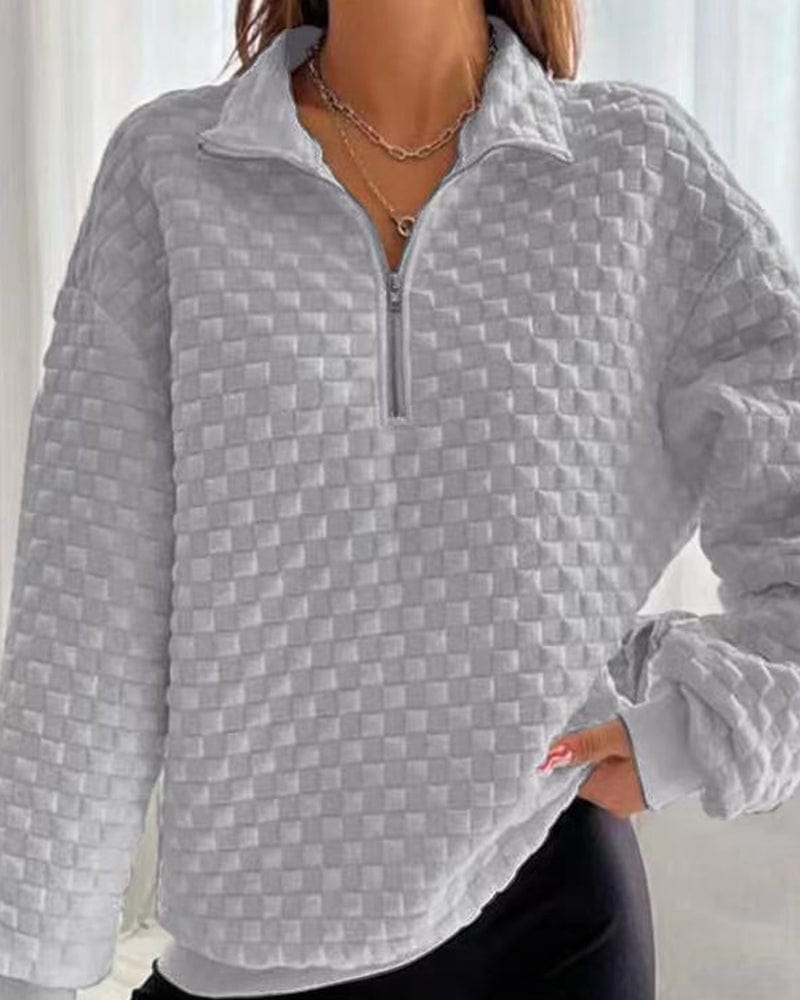 Women's Textured Half-Zip Pullover Polo Collar Checkerboard Relaxed Sweatshirt