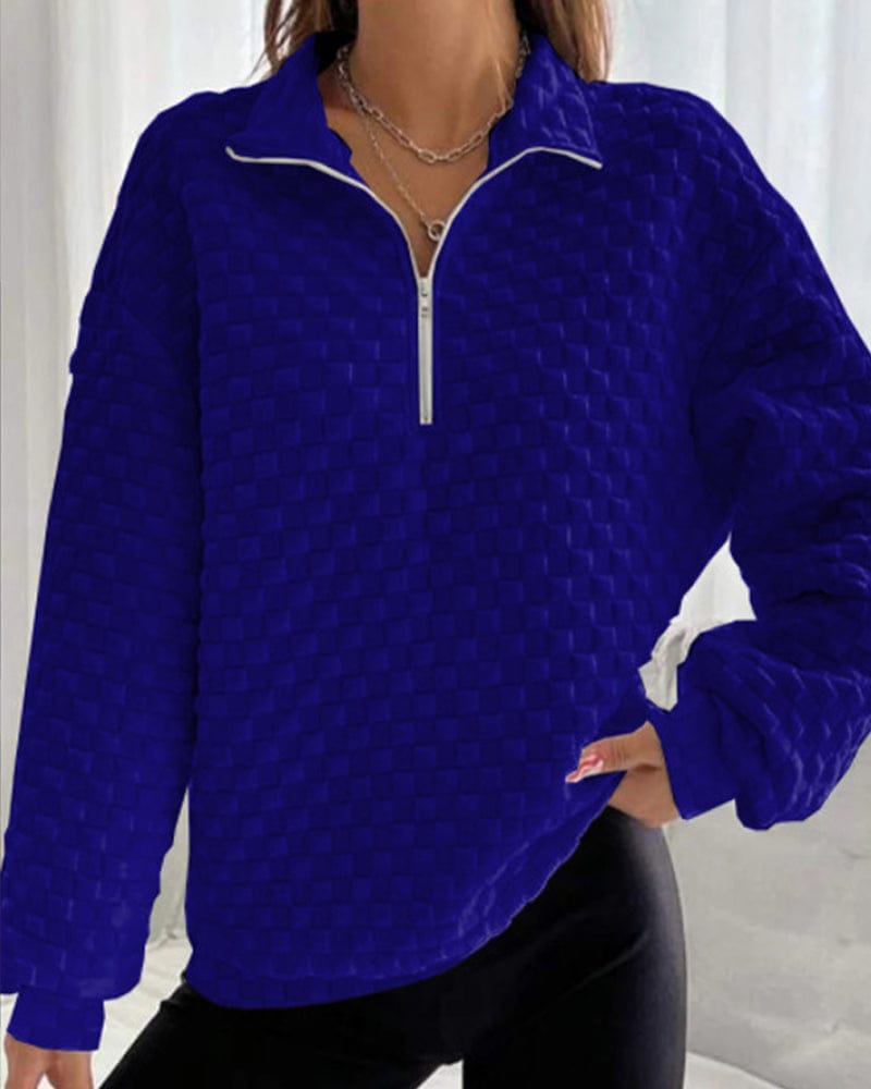 Women's Textured Half-Zip Pullover Polo Collar Checkerboard Relaxed Sweatshirt