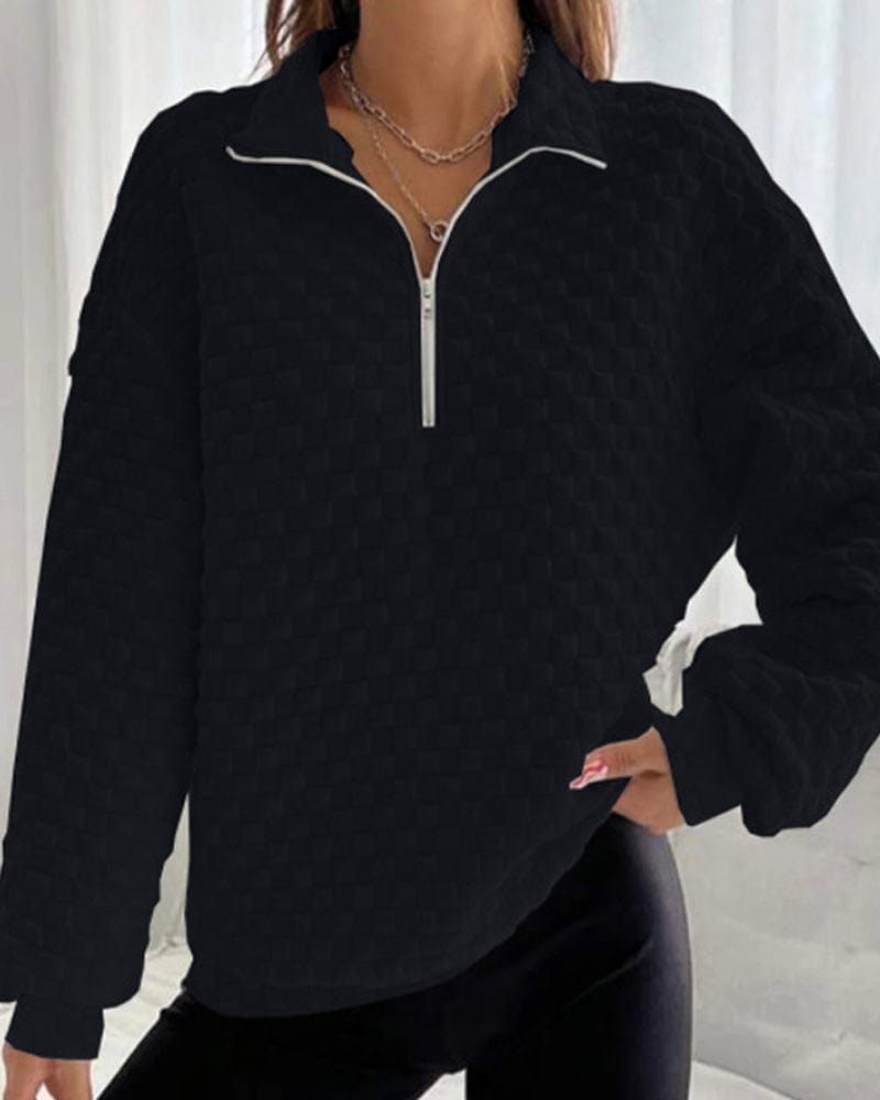Women's Textured Half-Zip Pullover Polo Collar Checkerboard Relaxed Sweatshirt
