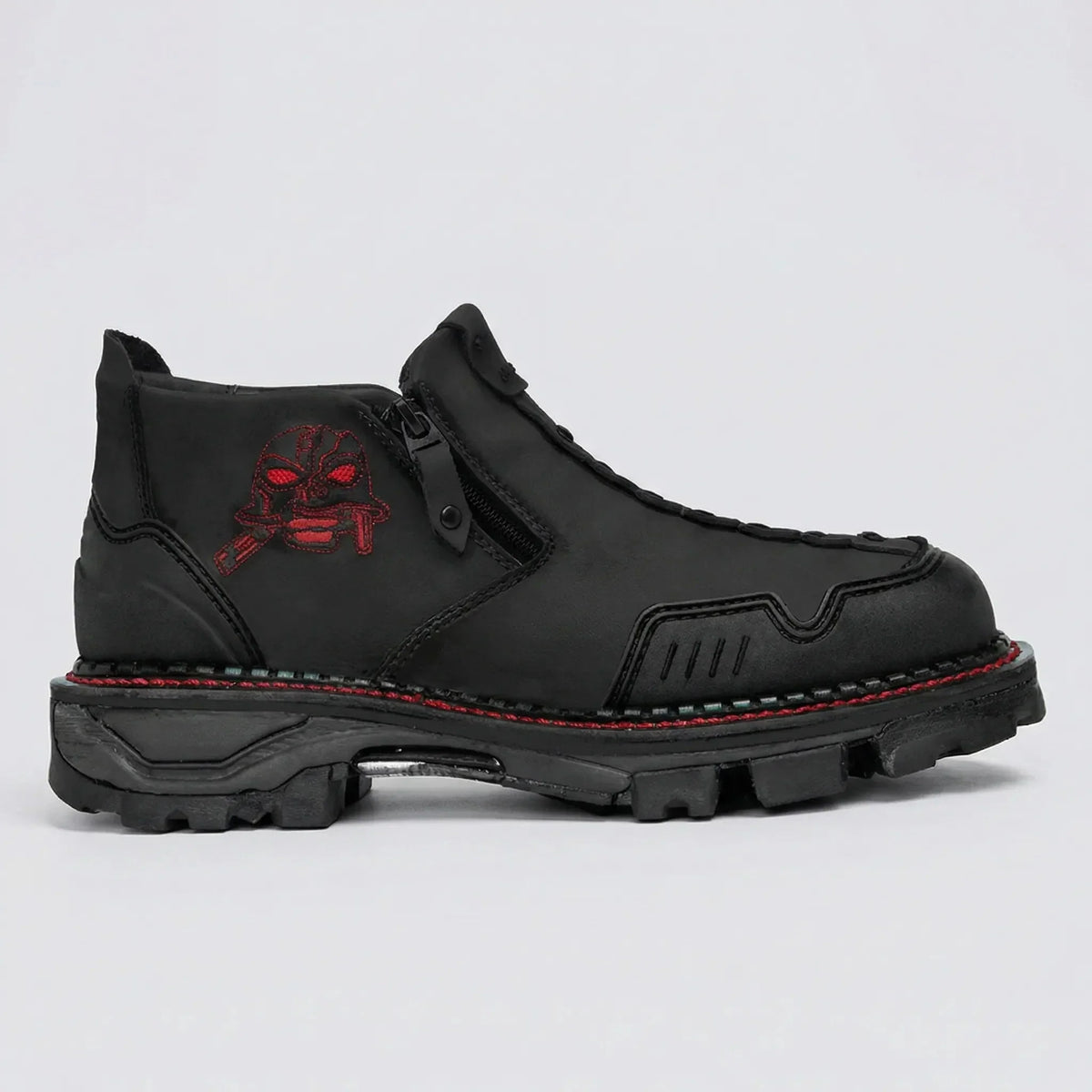 Men's Skull-Embellished Ankle Boots Side Zip Lug Sole Leather Biker Winter