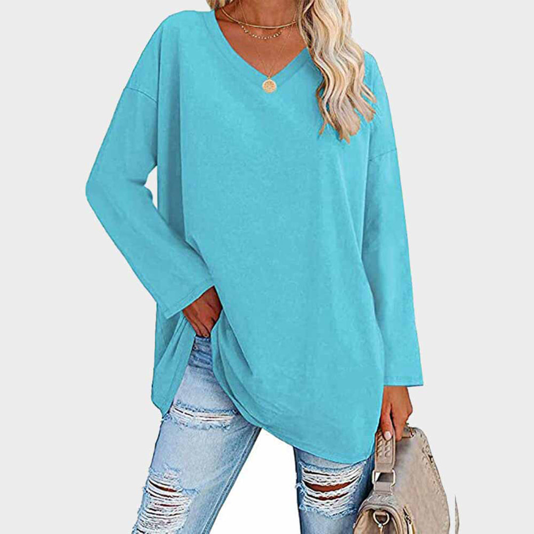Women's Oversized Tunic Top V-Neck Long Sleeve Drop Shoulder Side-Slit Relaxed Pullover