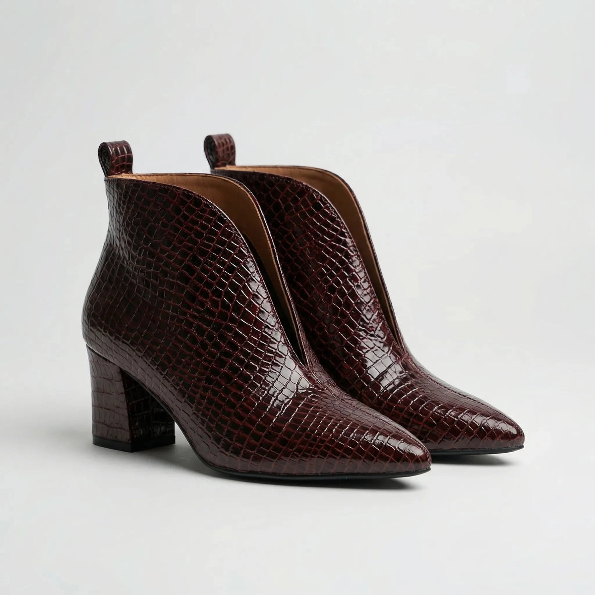 Women's Croc Leather Ankle Boots V-Cut Block Heel Pointed-Toe