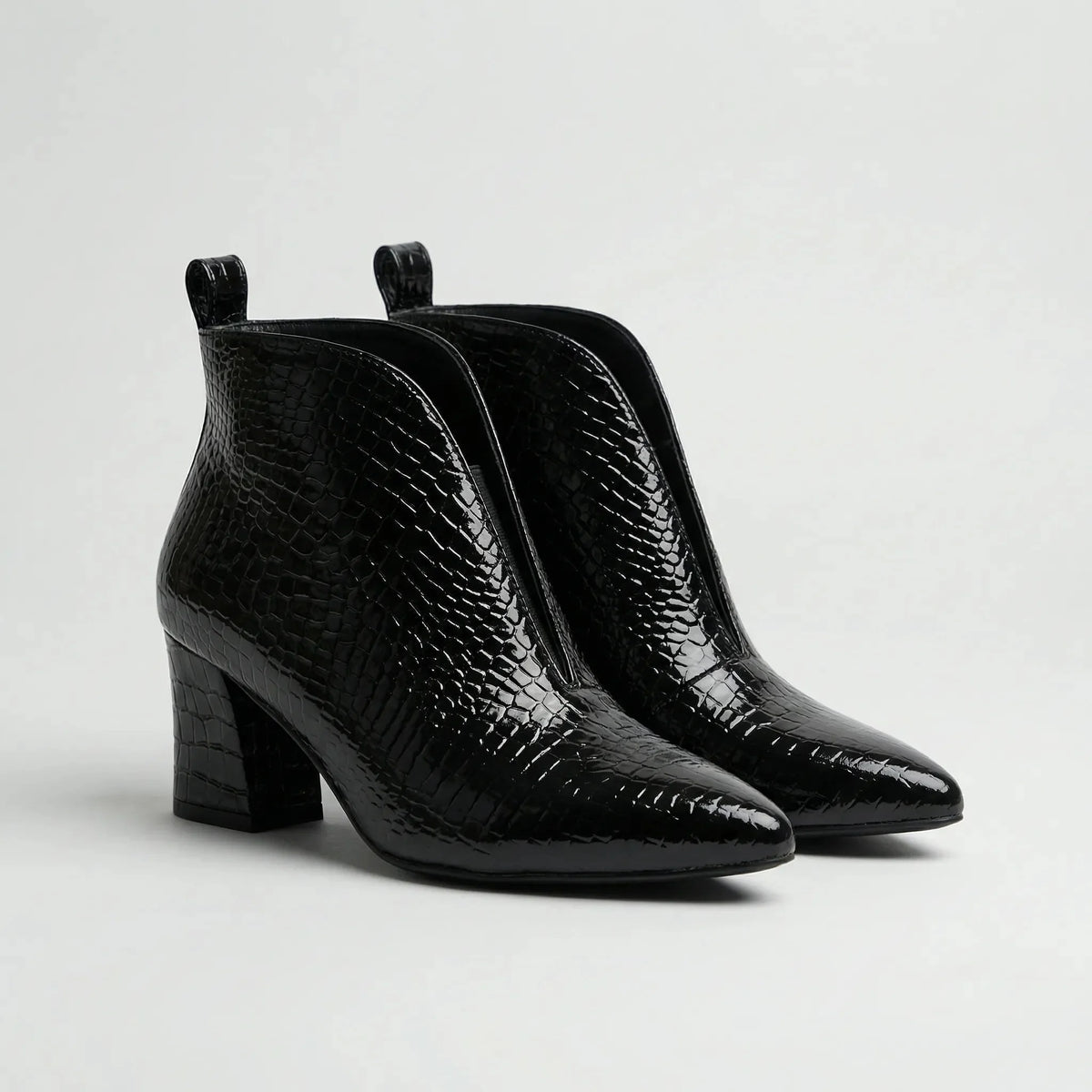 Women's Croc Leather Ankle Boots V-Cut Block Heel Pointed-Toe