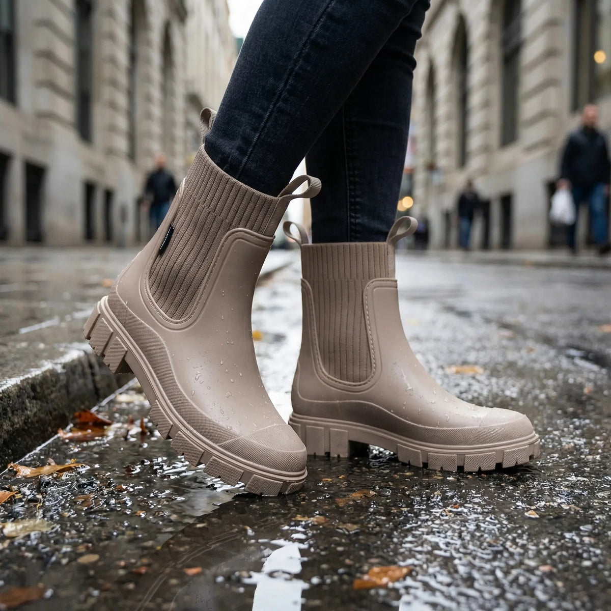 Women's Waterproof Rain Boots Chelsea Slip-On Knit Collar Lug Sole Anti-Slip