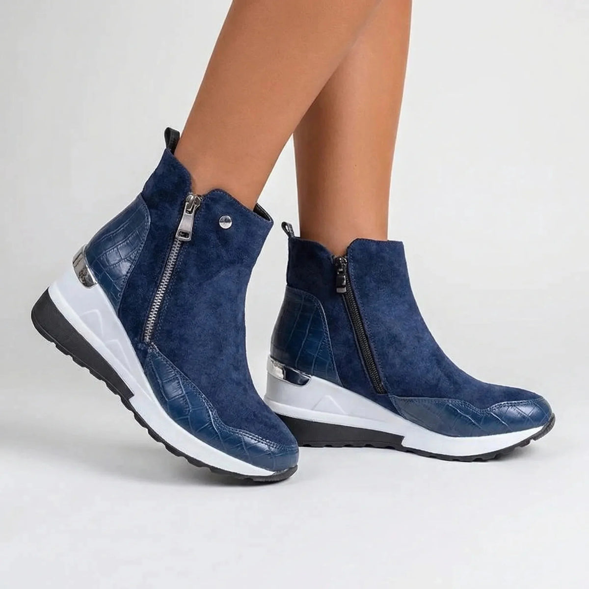 Women's Suede Wedge Sneaker Ankle Boots Side Zip High-Top Platform