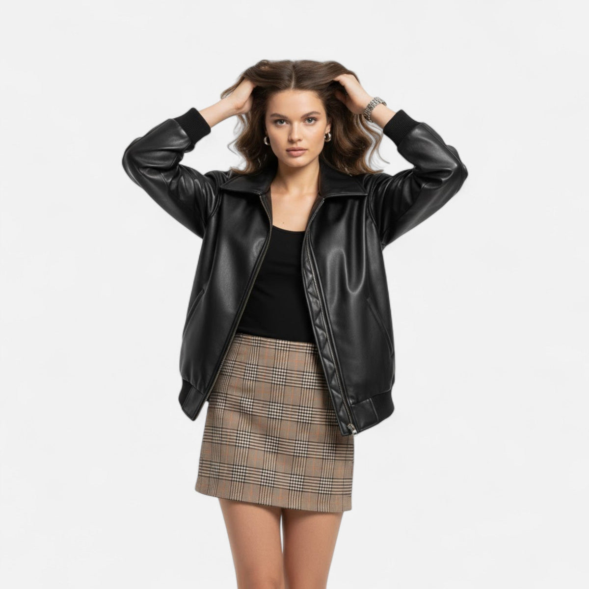 Women's Faux Leather Moto Jacket Collared Zip-Up Loose Bomber Elastic-Hem Relaxed