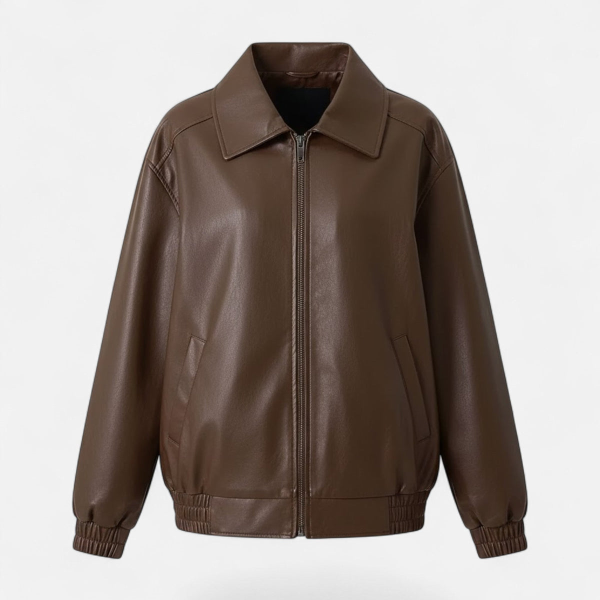 Women's Faux Leather Moto Jacket Collared Zip-Up Loose Bomber Elastic-Hem Relaxed
