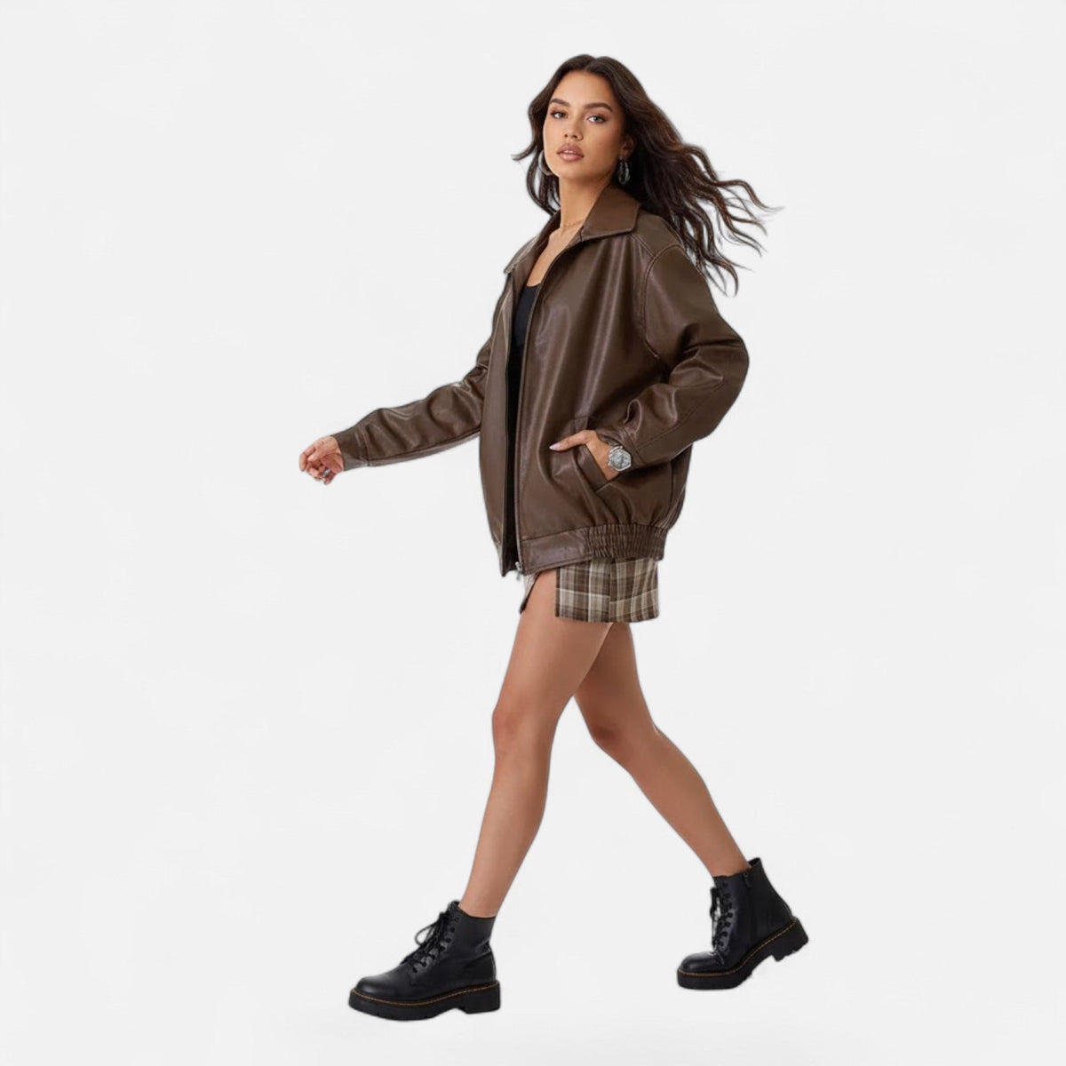 Women's Faux Leather Moto Jacket Collared Zip-Up Loose Bomber Elastic-Hem Relaxed
