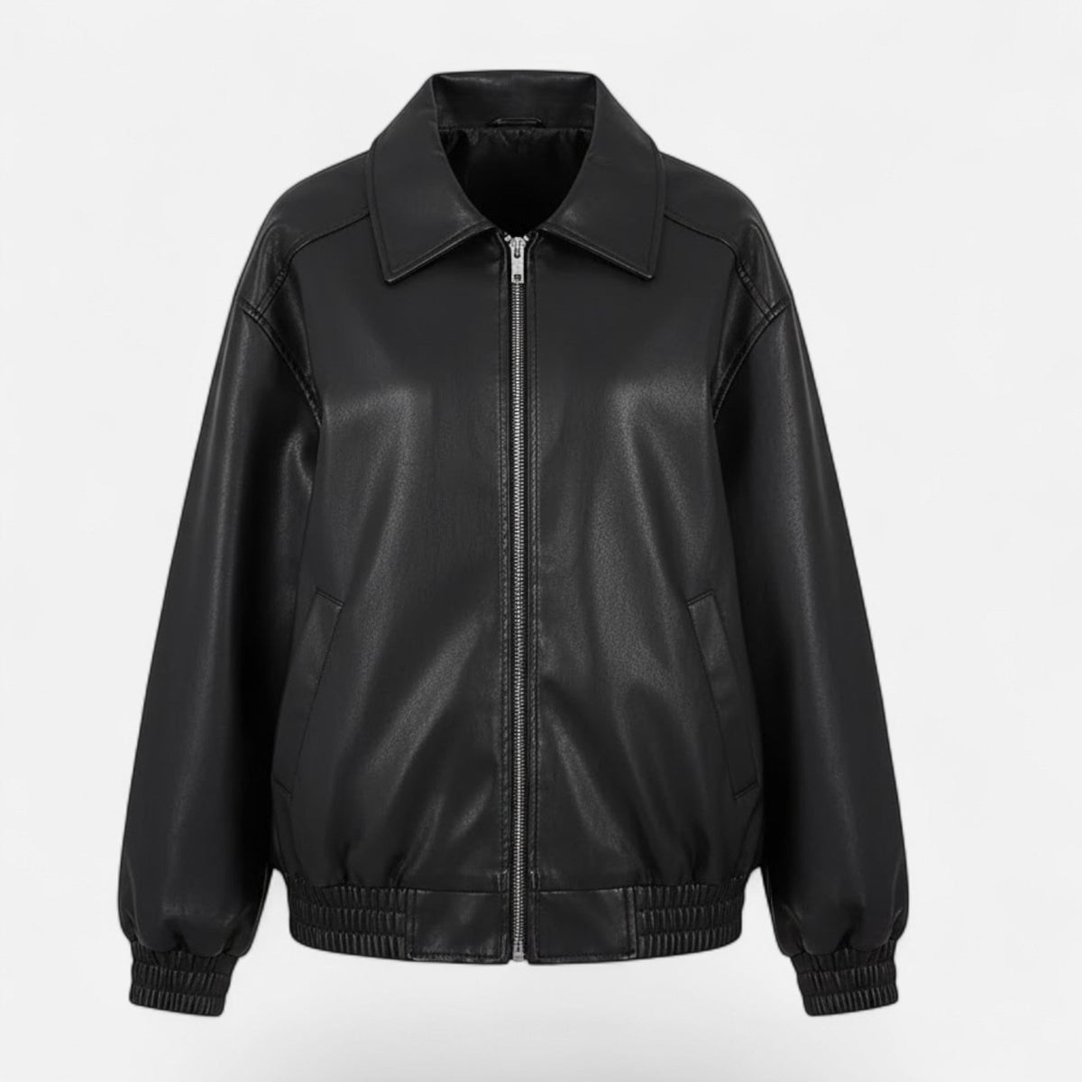 Women's Faux Leather Moto Jacket Collared Zip-Up Loose Bomber Elastic-Hem Relaxed