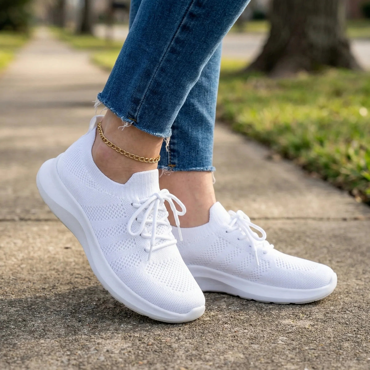 Women's Knit Slip-On Sneakers Lace-Up Lightweight Cushioned Walking Comfort Shoes