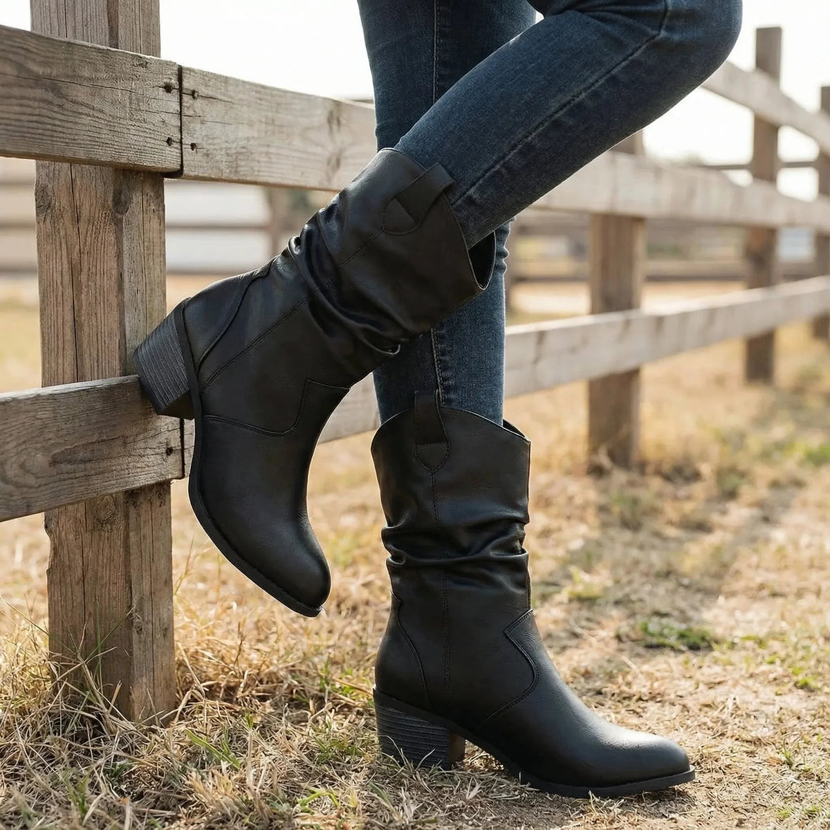 Women's Western Boots Pointed Toe Slouchy Mid-Calf Stacked Heel Pull-On Cowgirl