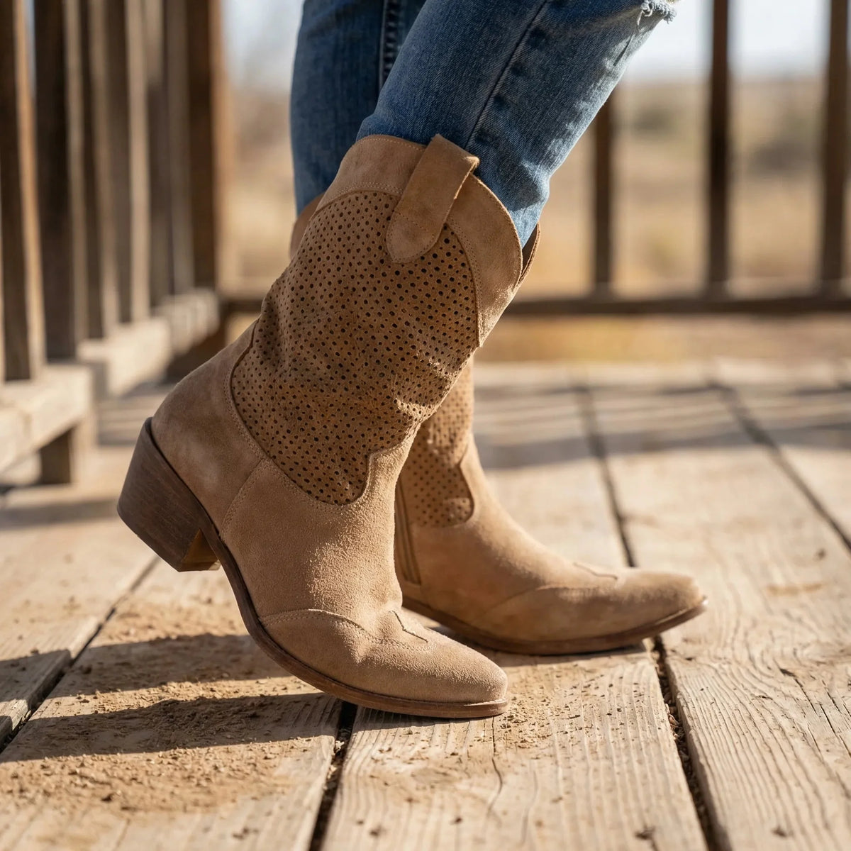 Women's Suede Western Cowboy Boots Perforated Mid-Calf Pointed Toe Block Heel Pull-On