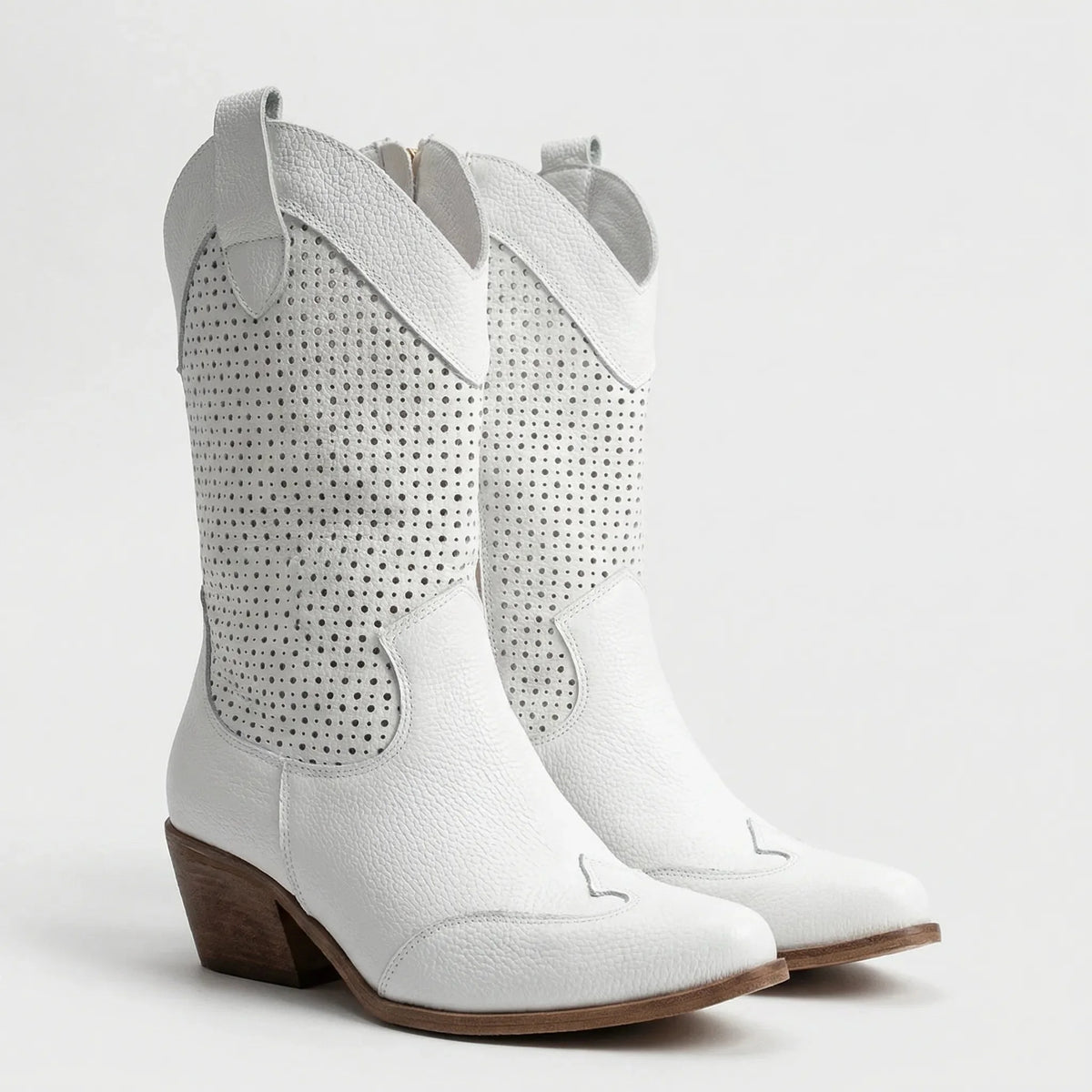 Women's Suede Western Cowboy Boots Perforated Mid-Calf Pointed Toe Block Heel Pull-On