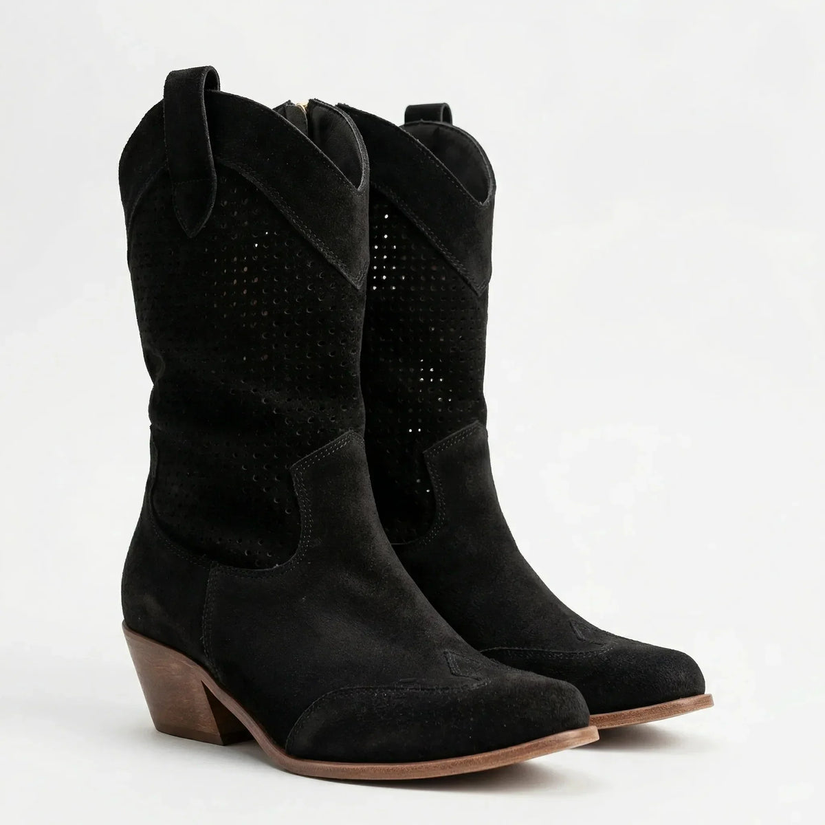 Women's Suede Western Cowboy Boots Perforated Mid-Calf Pointed Toe Block Heel Pull-On