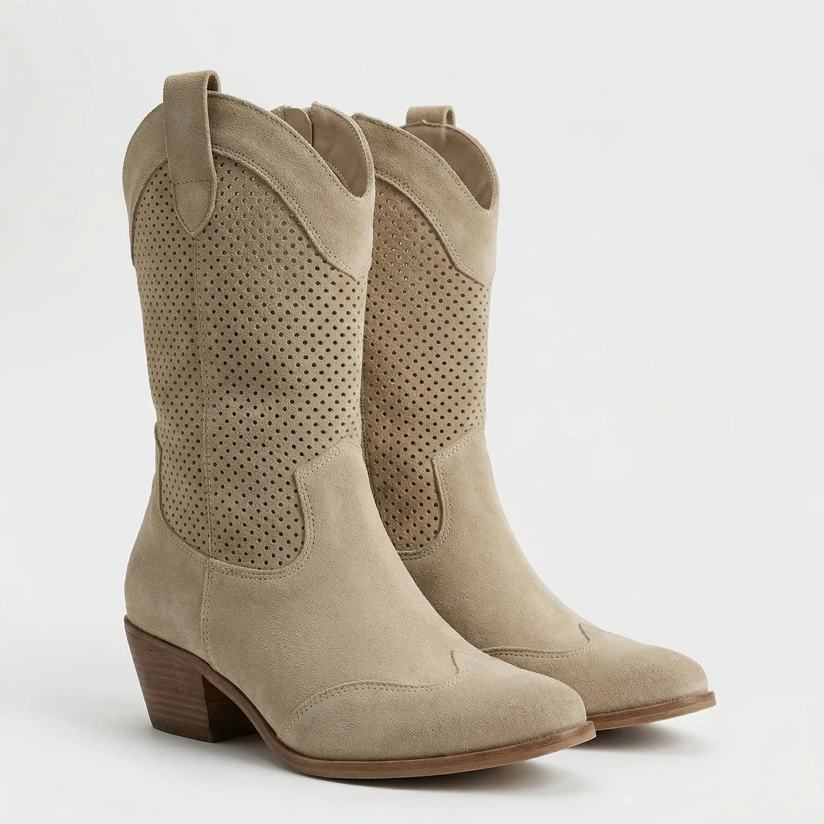 Women's Suede Western Cowboy Boots Perforated Mid-Calf Pointed Toe Block Heel Pull-On