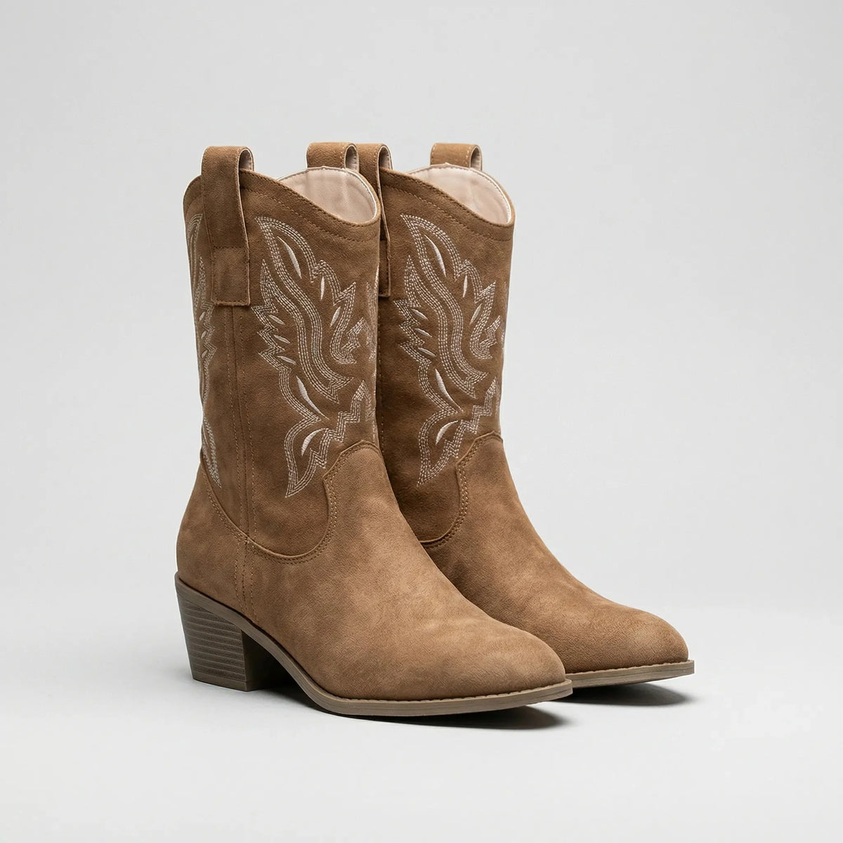 Women's Suede Western Cowboy Boots Embroidered Mid-Calf Round Toe Block Heel Pull-On