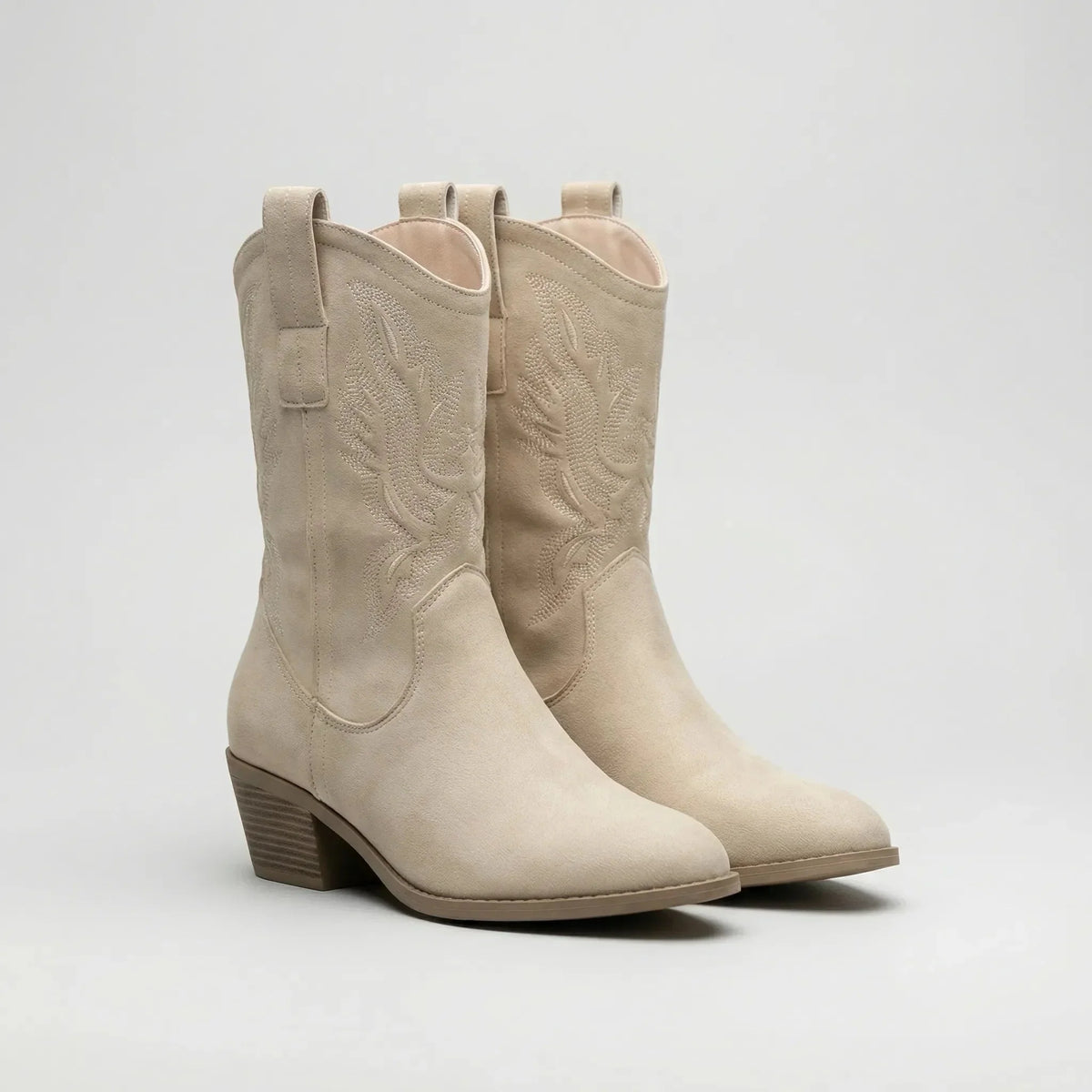Women's Suede Western Cowboy Boots Embroidered Mid-Calf Round Toe Block Heel Pull-On