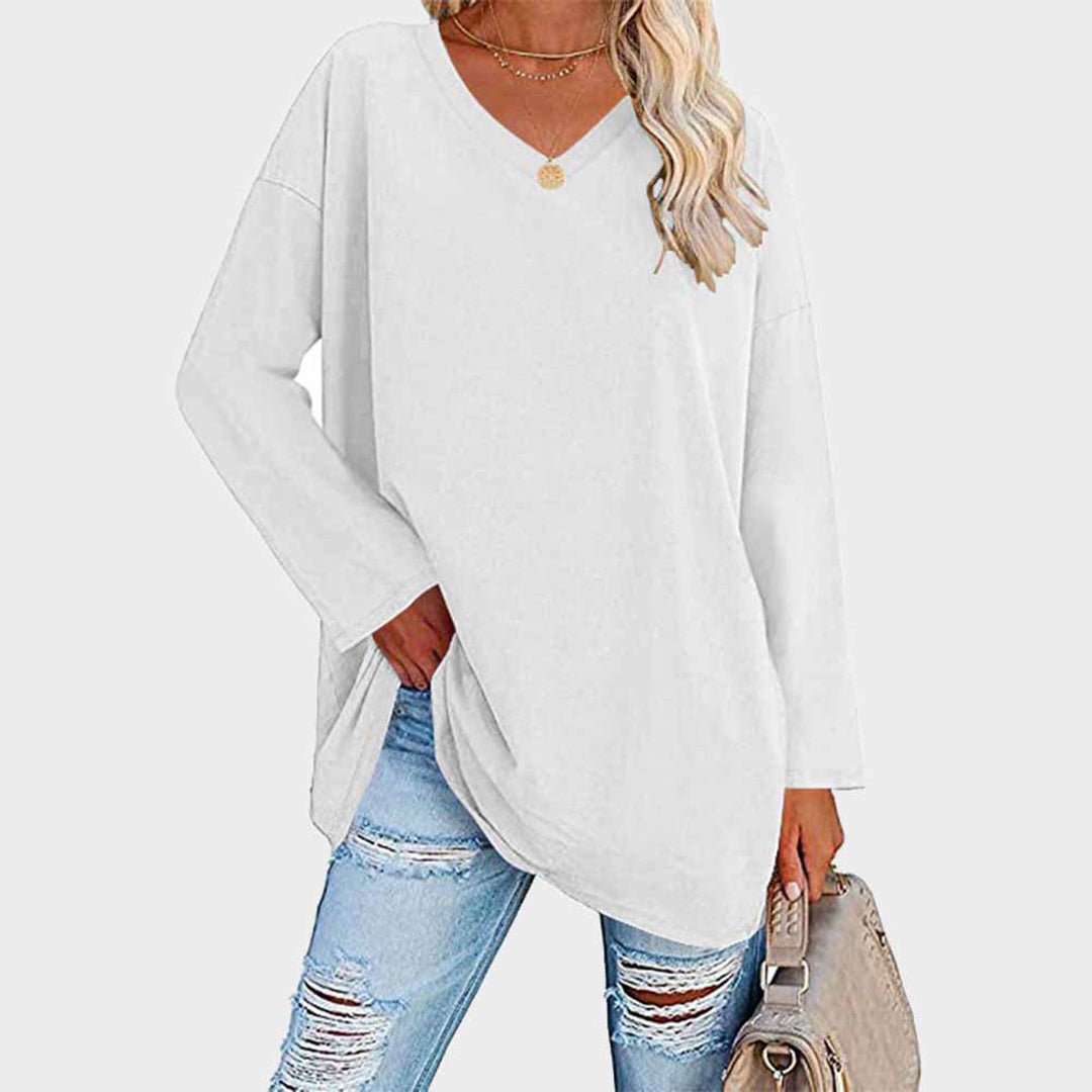 Women's Oversized Tunic Top V-Neck Long Sleeve Drop Shoulder Side-Slit Relaxed Pullover