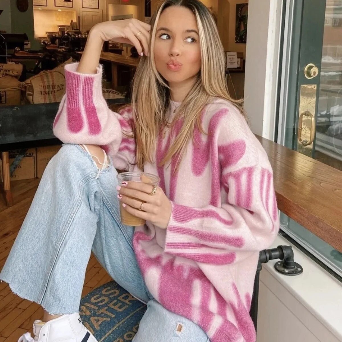 Women's Tie-Dye Oversized Knit Sweater Crewneck Longline Drop-Shoulder Relaxed