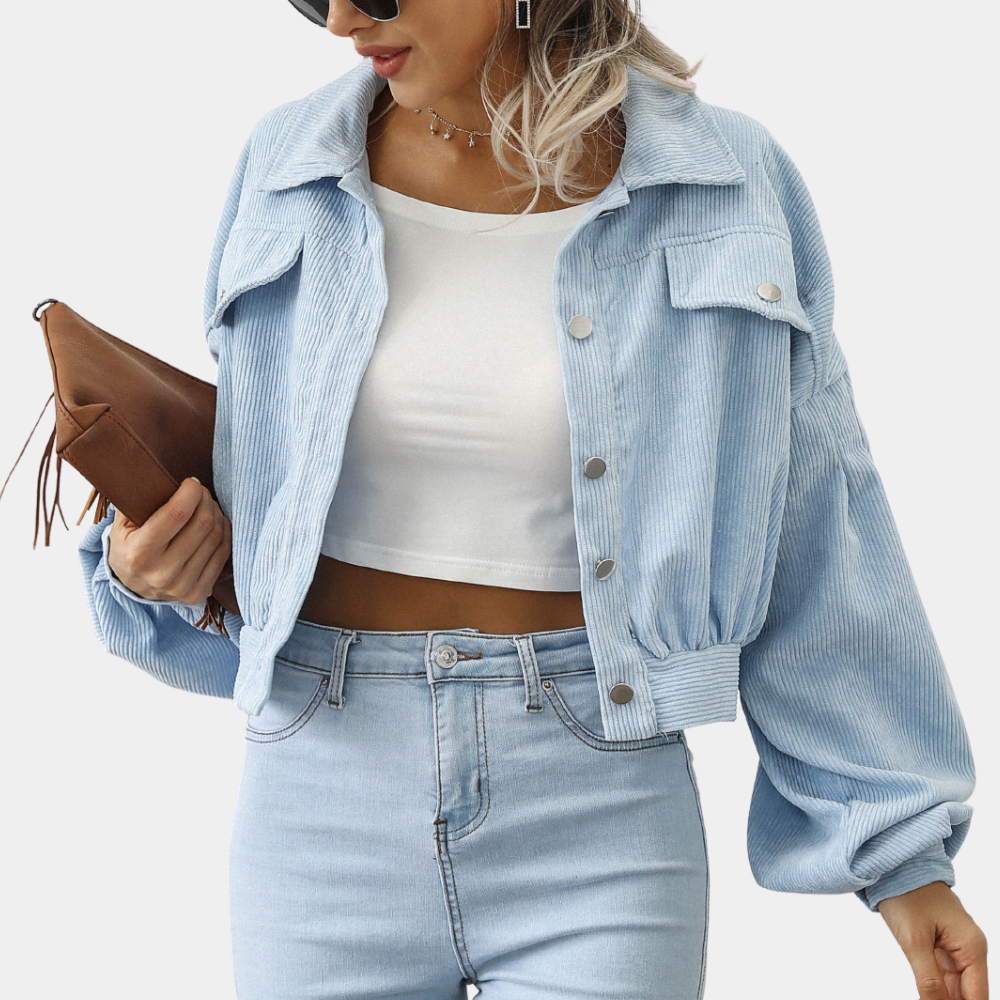 Women's Corduroy Cropped Jacket Button-Front Collared Lantern-Sleeve Flap-Pocket Relaxed