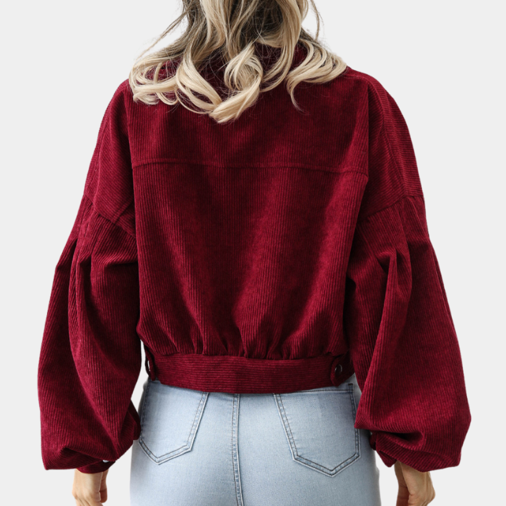 Women's Corduroy Cropped Jacket Button-Front Collared Lantern-Sleeve Flap-Pocket Relaxed