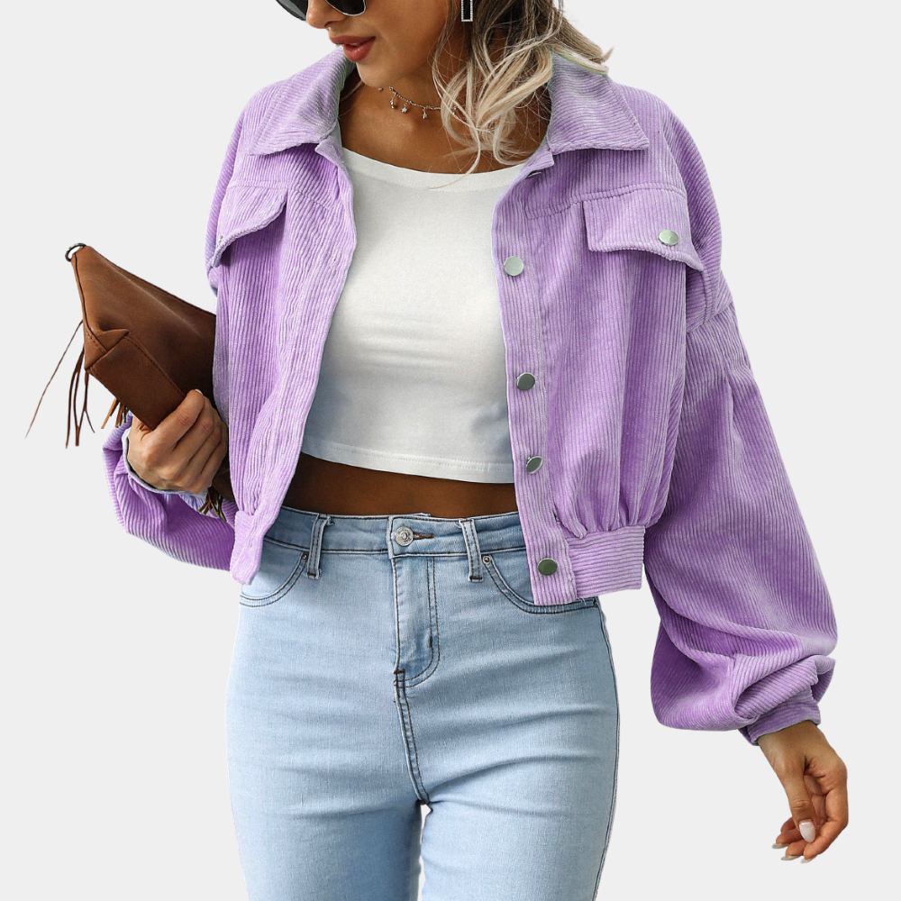 Women's Corduroy Cropped Jacket Button-Front Collared Lantern-Sleeve Flap-Pocket Relaxed