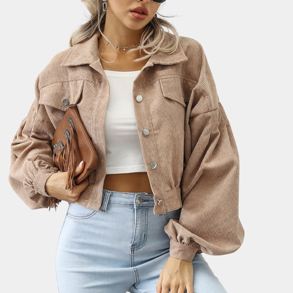 Women's Corduroy Cropped Jacket Button-Front Collared Lantern-Sleeve Flap-Pocket Relaxed