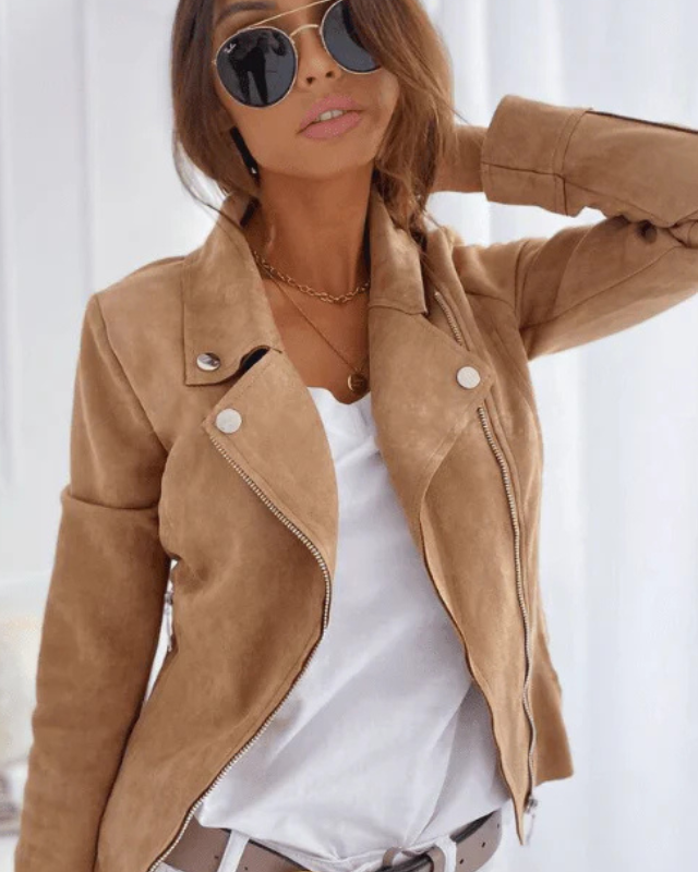 Women's Moto Jacket Peak Lapel Zip-Up Slim Fitted Snap-Tab Relaxed