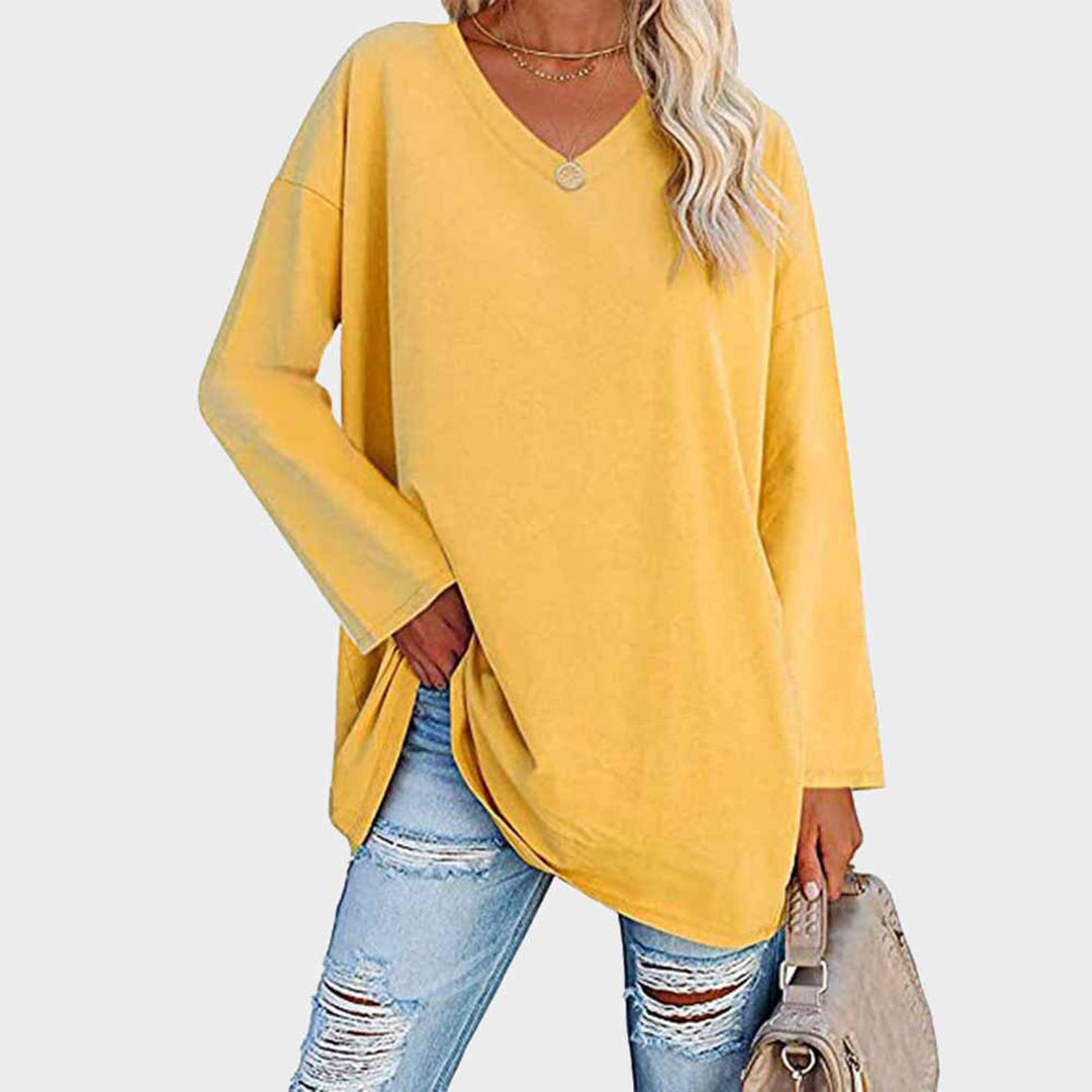 Women's Oversized Tunic Top V-Neck Long Sleeve Drop Shoulder Side-Slit Relaxed Pullover