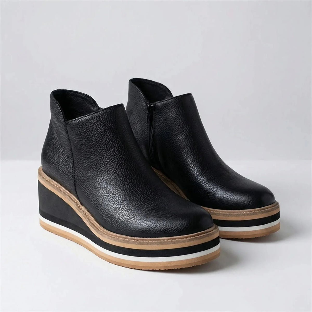 Women's Leather Wedge Ankle Boots Platform Pull-On Round Toe Striped Sole Booties