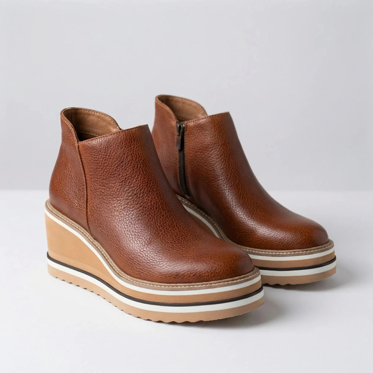 Women's Leather Wedge Ankle Boots Platform Pull-On Round Toe Striped Sole Booties