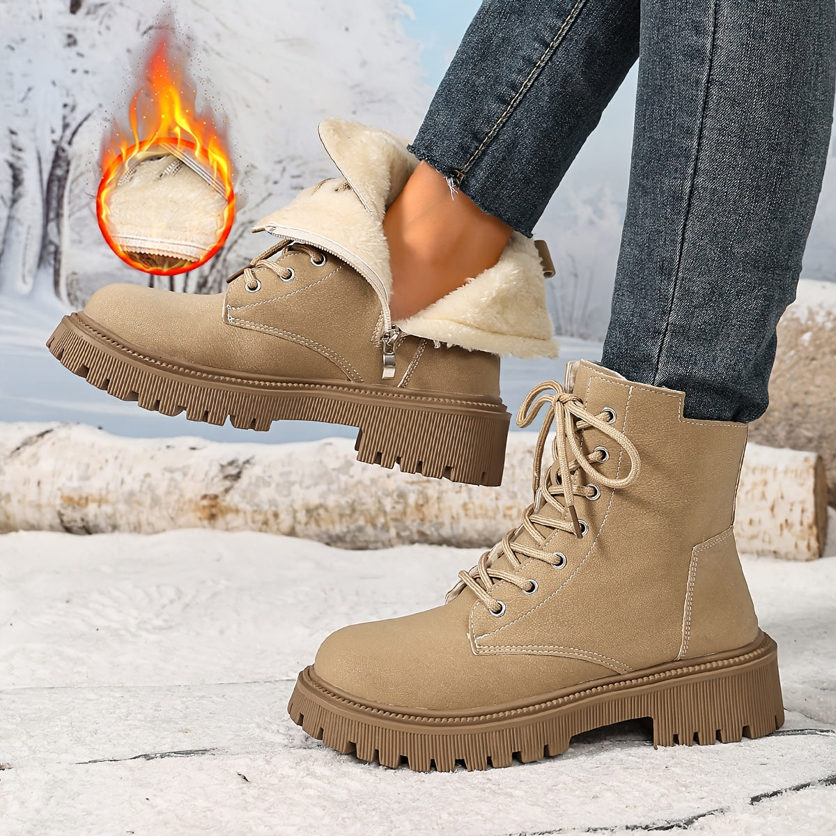 Women's Platform Combat Boots Lace-Up Side-Zip Lug-Sole Fleece-Lined Ankle